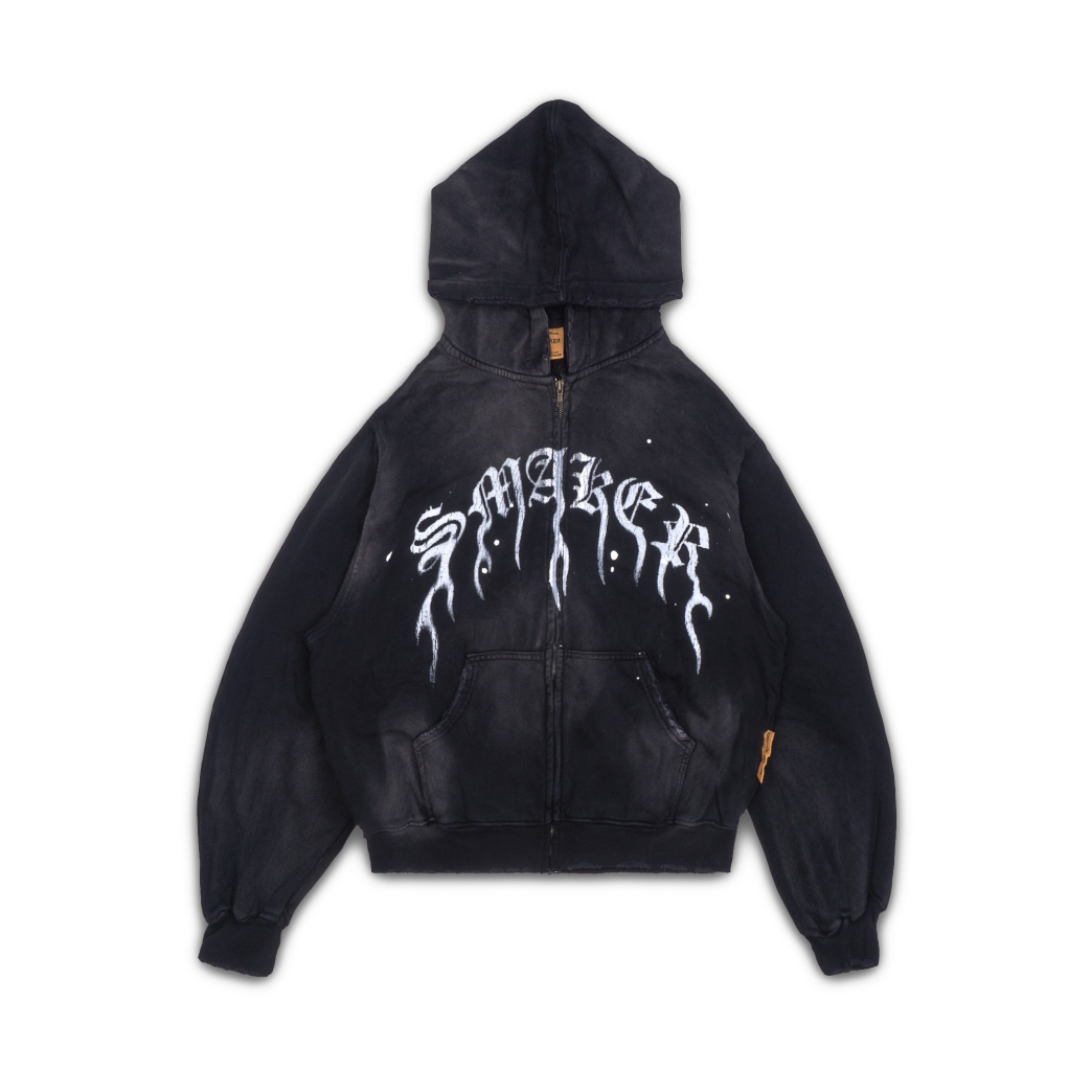 FLAME $MAKER WASHED ZIP HOODIE IN BLACK