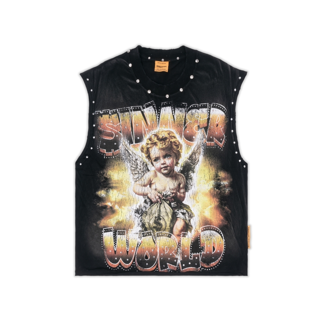 $INNER WORLD ICED OUT TANK WASHED TEE IN BLACK