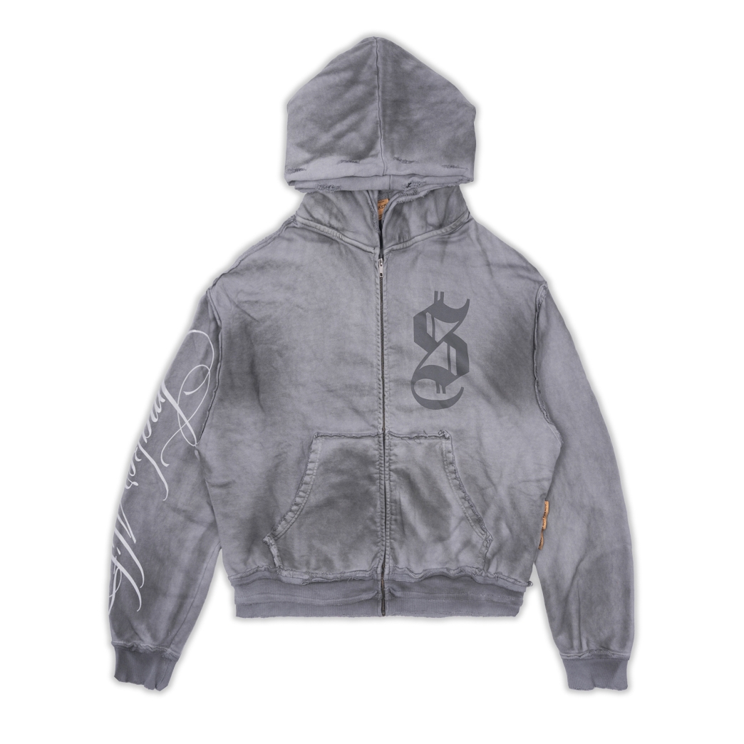 $MAKER4LIFE WASHED DOUBLE HOODS HOODIE IN GREY