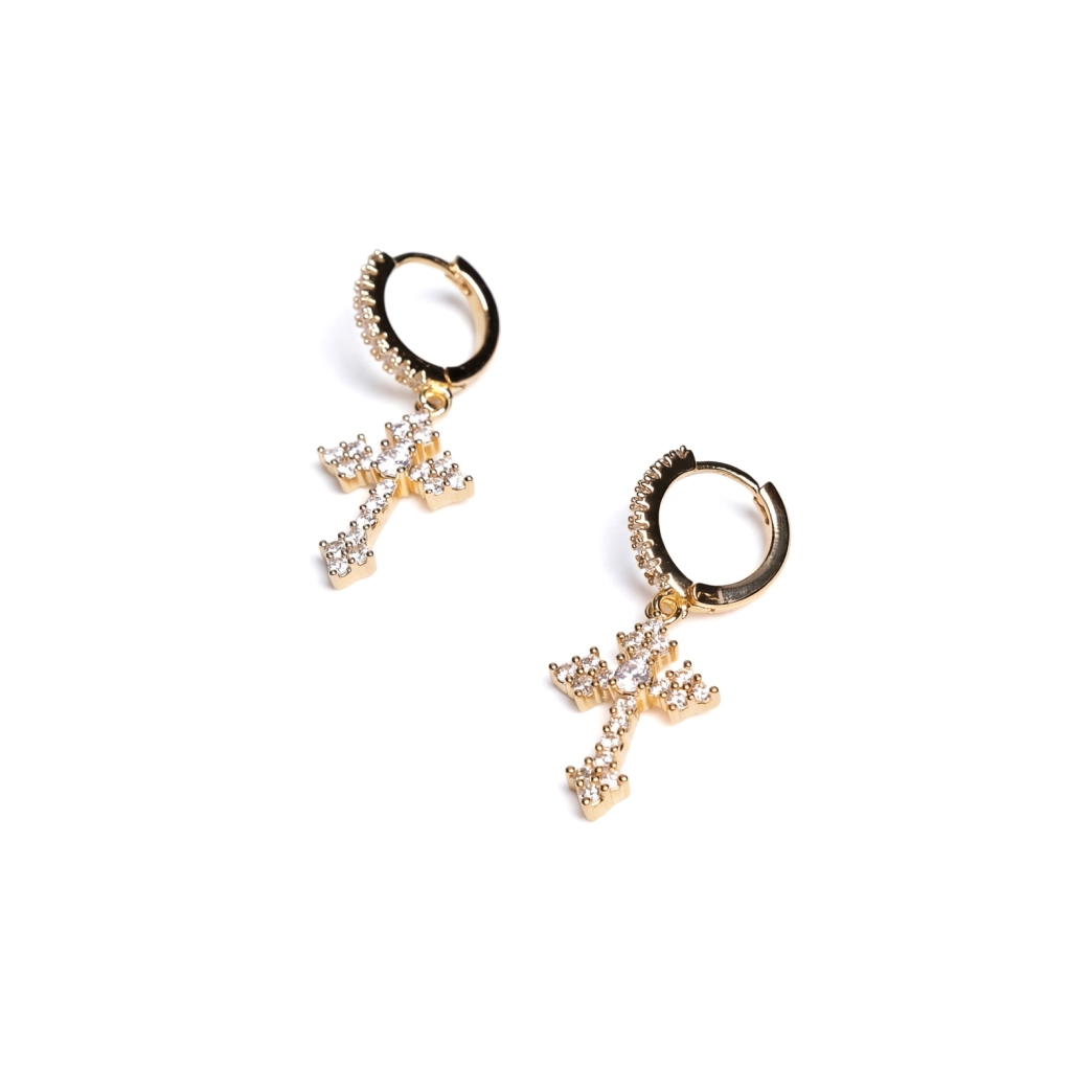 ICED OUT RING CROSS EARRING IN GOLD