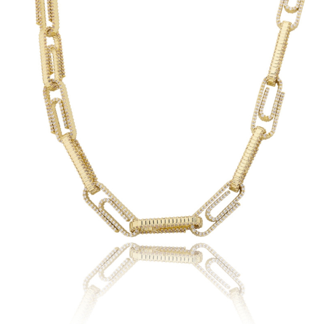 ICED OUT PAPER CLIP NECKLACE IN GOLD/SILVER