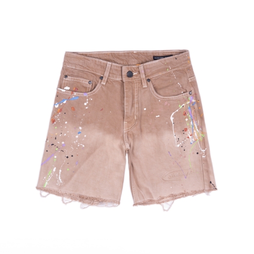 CUSTOMIZE EMBOSSED LOGO WASHED DENIM SHORT IN BURNT BRICK