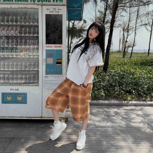 PLAID WASHED BAGGY SHORT