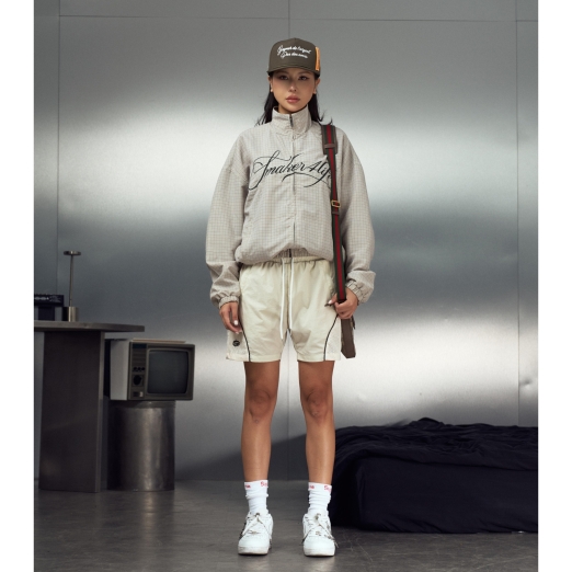 $MAKER4LIFE CHECKERED NYLON JACKET IN CREAM