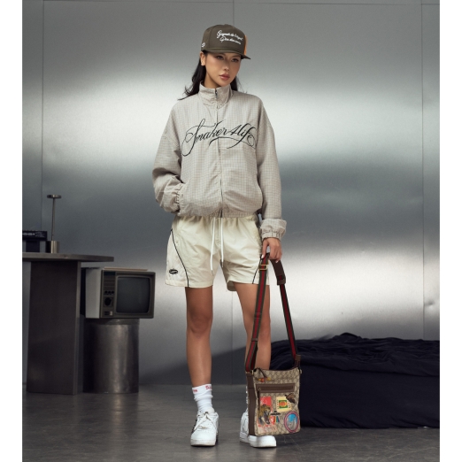 $MAKER4LIFE CHECKERED NYLON JACKET IN CREAM
